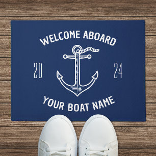 Custom Welcome Aboard Boat Name Navy Blue Doormat