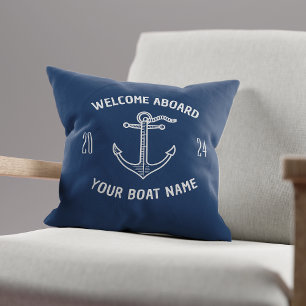 Custom Welcome Aboard Boat Name Navy Blue Throw Pillow