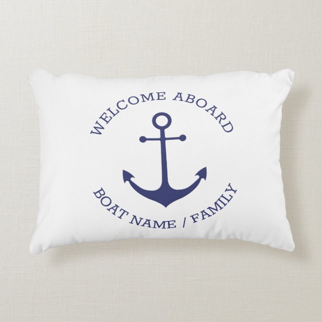 Custom Welcome Aboard nautical anchor blue white Accent Pillow (Front)