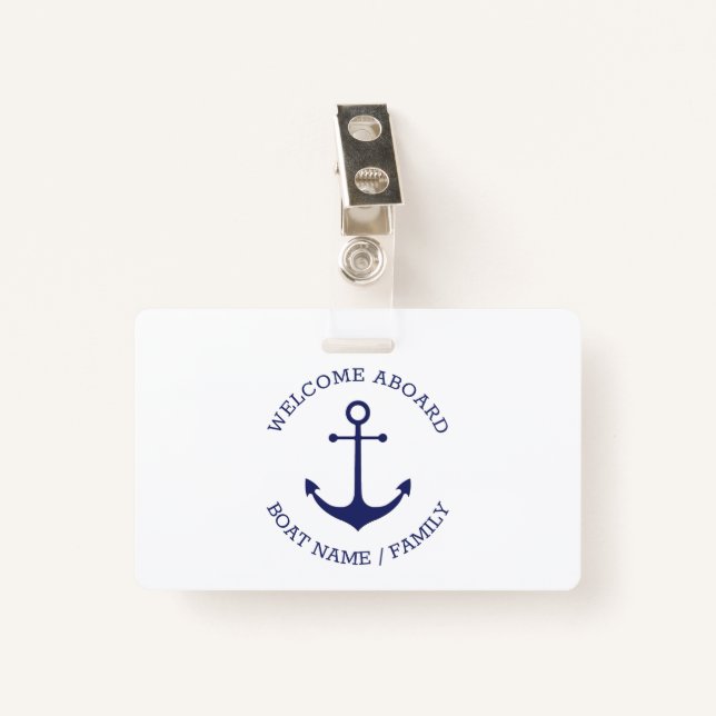 Custom Welcome Aboard nautical anchor blue white Badge (Front with Clip)