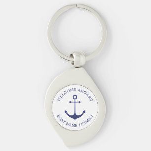 Custom Welcome Aboard nautical anchor blue white Keychain