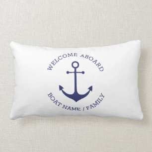 Custom Welcome Aboard nautical anchor blue white Lumbar Pillow