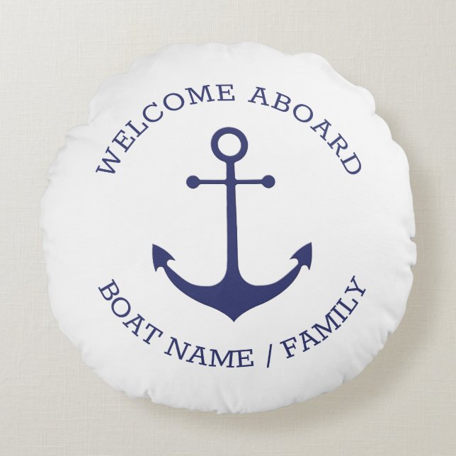 Custom Welcome Aboard nautical anchor blue white Round Pillow (Front)