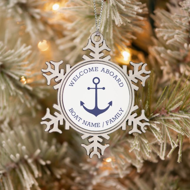 Custom Welcome Aboard nautical anchor blue white Snowflake Pewter Christmas Ornament (Tree)