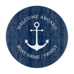 Custom Welcome Aboard nautical anchor navy blue Cutting Board