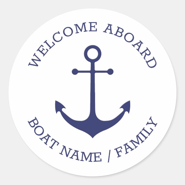 Custom Welcome Aboard nautical anchor navy white Classic Round Sticker (Front)