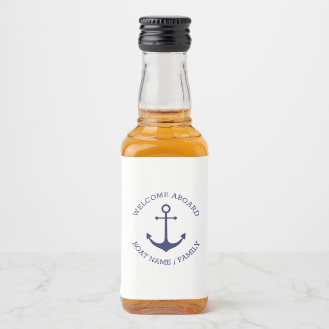Custom Welcome Aboard nautical anchor navy white Liquor Bottle Label (Front)