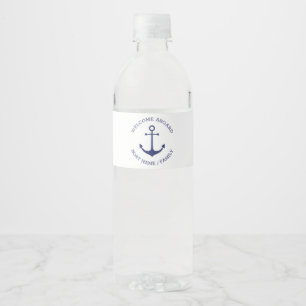 Custom Welcome Aboard nautical anchor navy white Water Bottle Label