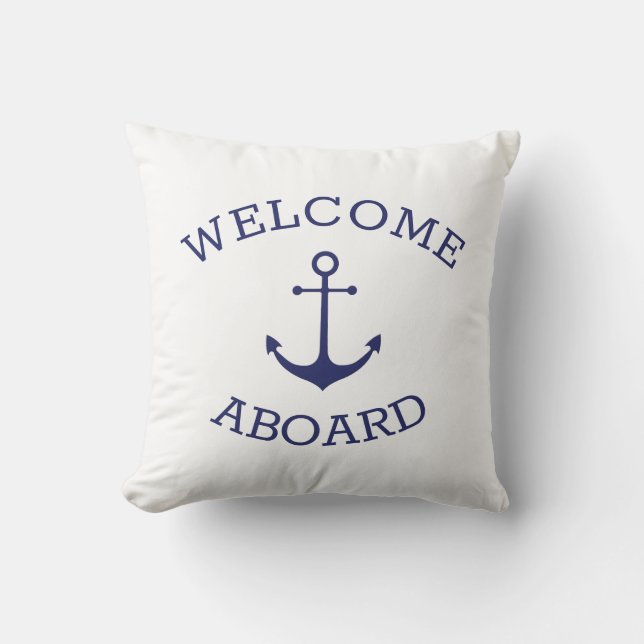 Custom Welcome Aboard nautical navy blue anchor Throw Pillow (Front)