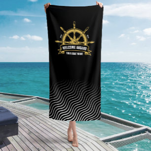Custom Welcome Aboard Nautical Ship Wheel Black Beach Towel