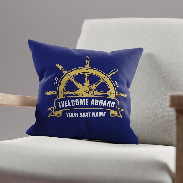 Custom Welcome Aboard Nautical Ship Wheel Blue Throw Pillow (Creator Uploaded)