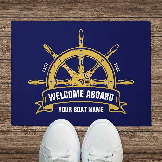 Custom Welcome Aboard Nautical Wheel Blue Gold Doormat (Creator Uploaded)
