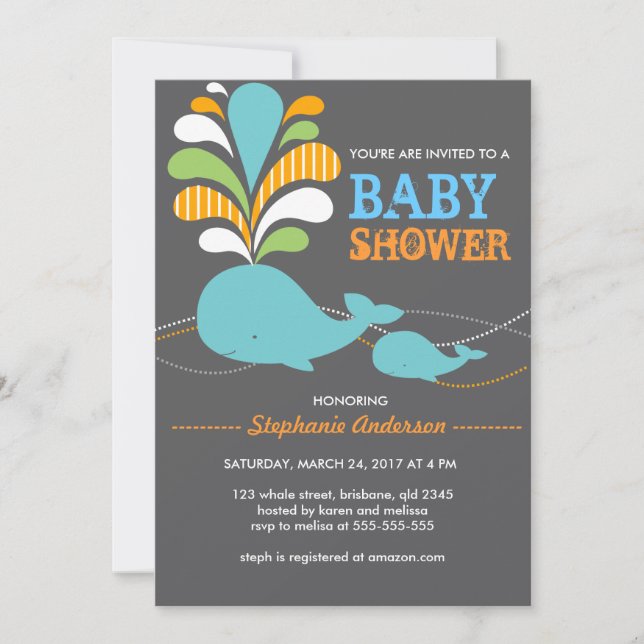 Custom whale baby shower invitation (Front)