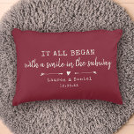 Custom Where It All Began Red Chic Valentine's Day Accent Pillow<br><div class="desc">Celebrate your love with this chic and romantic throw pillow featuring the location and date you met in ivory vintage typewriter lettering and script design alongside sweet hand-drawn arrows. Choose your own colour and personalize this custom design with your own names and text. This would make the perfect gift for...</div>
