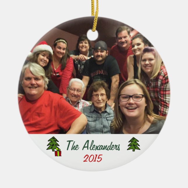 Custom Whimsical 2-sided Family Photo Christmas Ceramic Ornament (Front)