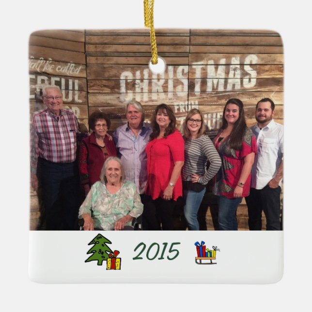 Custom Whimsical 2-sided Family Photo Christmas Ceramic Ornament (Front)