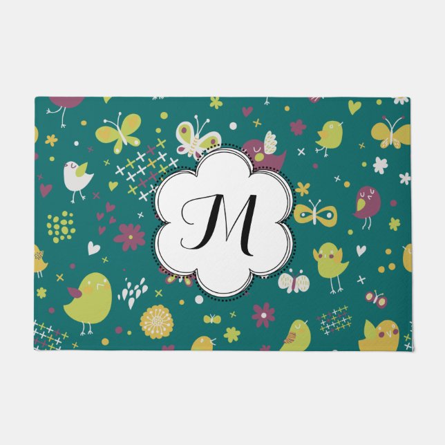 Custom Whimsical Birds and Butterflies Doormat (Front)