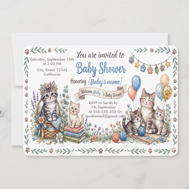 Custom Whimsical Cat Theme Baby Shower Invitation  (Front)