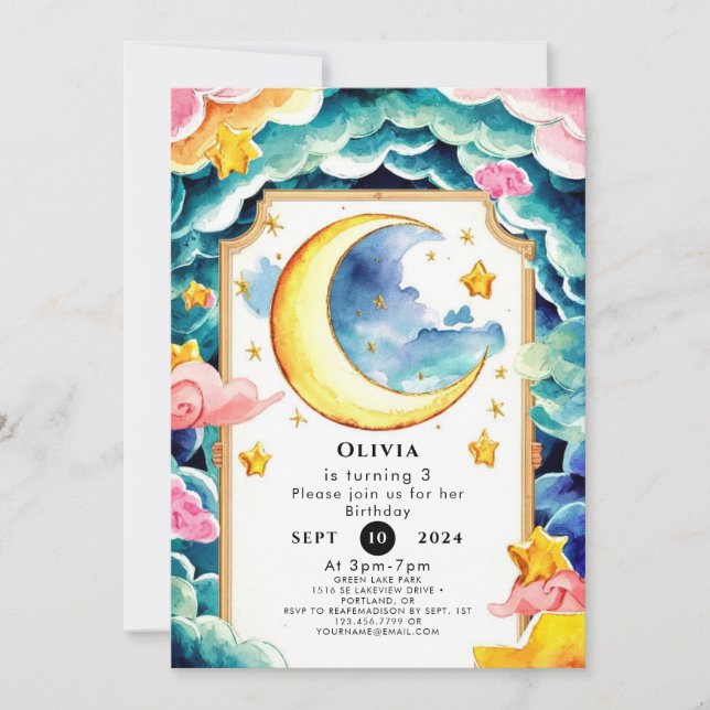 Custom Whimsical Moon Birthday Invitation (Front)