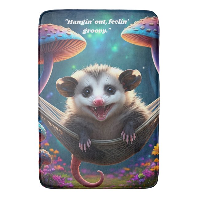 Custom Whimsical Opossum Psychedelic Hippie  Bath Mat (Front Vertical)