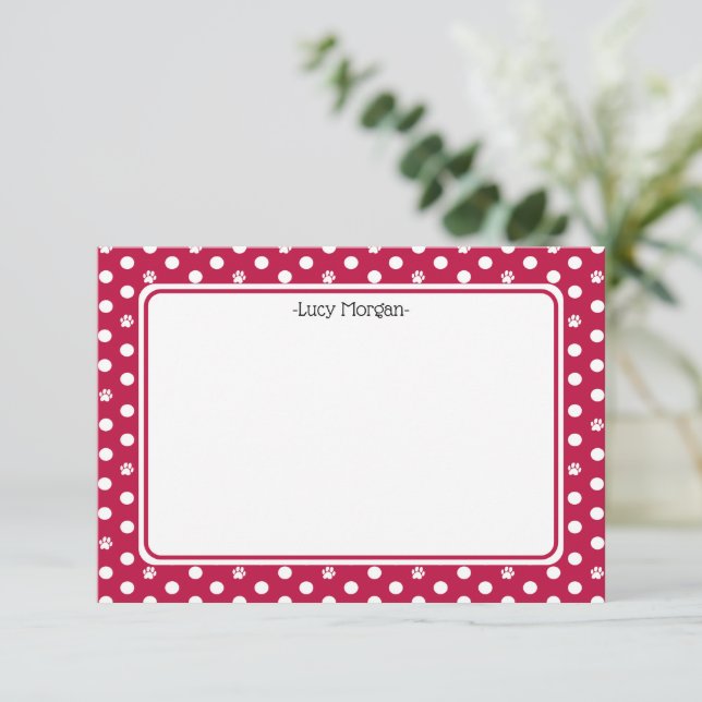 Custom Whimsical Paw Print Polka Dot Red Note Card (Standing Front)