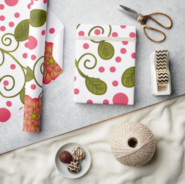 Custom Whimsical Pink Floral & Polka Dot Pattern Wrapping Paper (Crafts)