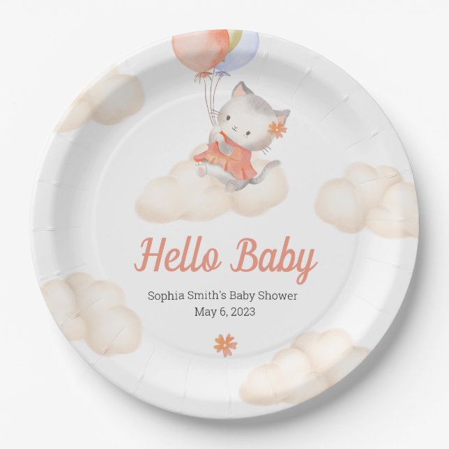 Custom Whimsical Sweet Floating Kitten Baby Girl Paper Plate (Front)