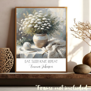 Custom Whimsical White Flowers in Vase & Knitting Poster