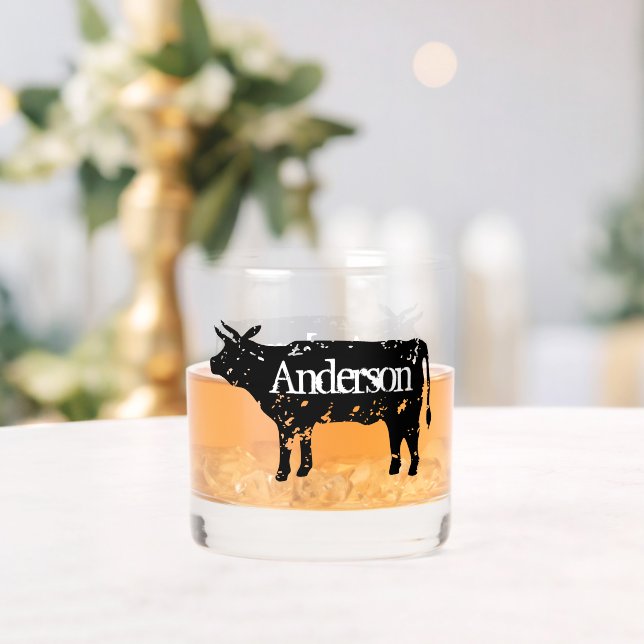 Custom whiskey drink glass with cow silhouette (Insitu (Wedding))