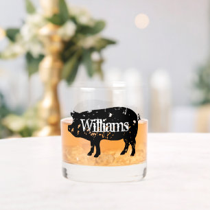 Custom whiskey drink glass with pig silhouette