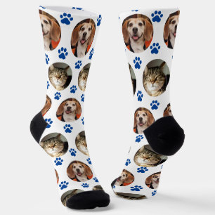  Custom White 2 Pet Photo Blue Paw Prints  Socks