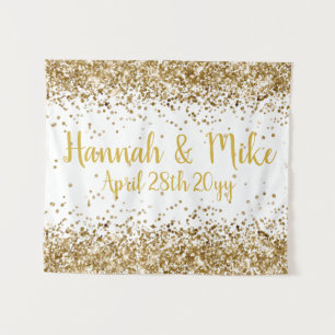 Custom White and Gold Glitter Wedding Photo Booth Tapestry