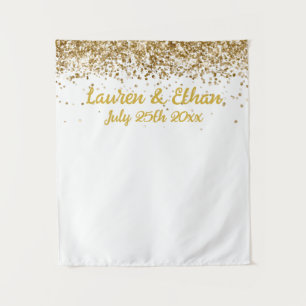 Custom White and Gold Glitter Wedding Photo Booth Tapestry