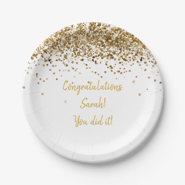Custom White and Gold Graduation Party Glitter Paper Plate (Front)