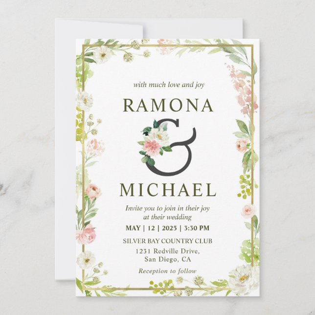 Custom White And Green Pink Frame Floral Wedding Invitation (Front)