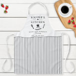 Custom, White and Grey Stripes, Farmhouse Kitchen Apron<br><div class="desc">Make this beautiful white and grey stripe pattern apron your own,  with ability to customize all four text areas with your own message! Design with beautiful area for your text,  enhanced with spatula,  mixing bowls,  fork and whisk details. Unique great gift idea!</div>