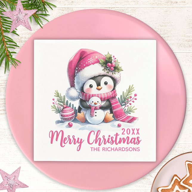 Custom White and Pink Cute Penguin Merry Christmas Napkin (Creator Uploaded)