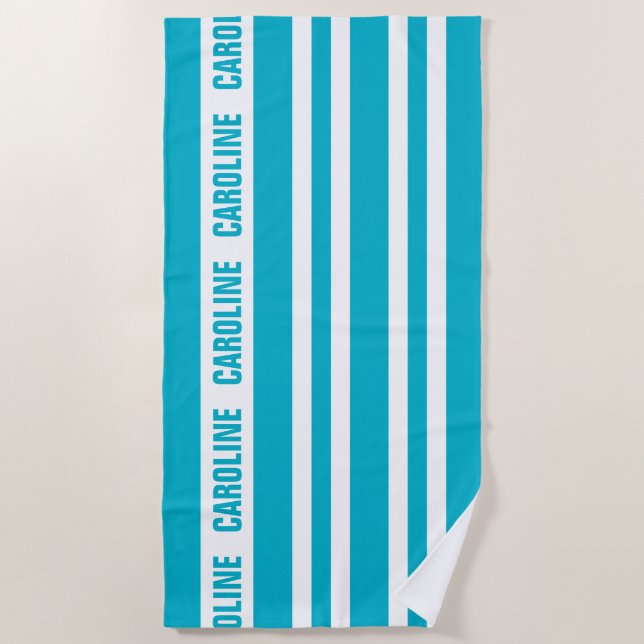 Custom White Aqua Turquoise Blue Stripes Pattern Beach Towel (Front)
