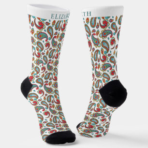 Custom White Beige Red Green Paisley Pattern Socks