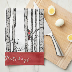 Custom White Birch Trees and Red Cardinal Birds Kitchen Towel