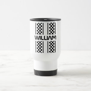 Custom White & Black Auto Race Stripe Travel Mug