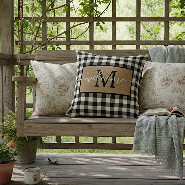 Custom White Black Buffalo Check Tartan Pattern Outdoor Pillow (Creator Uploaded)