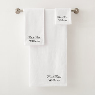Custom white black script couple name Mr. & Mrs. Bath Towel Set