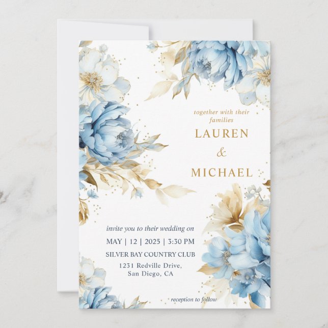 Custom White Blue and Gold blooms Flower Wedding Invitation (Front)