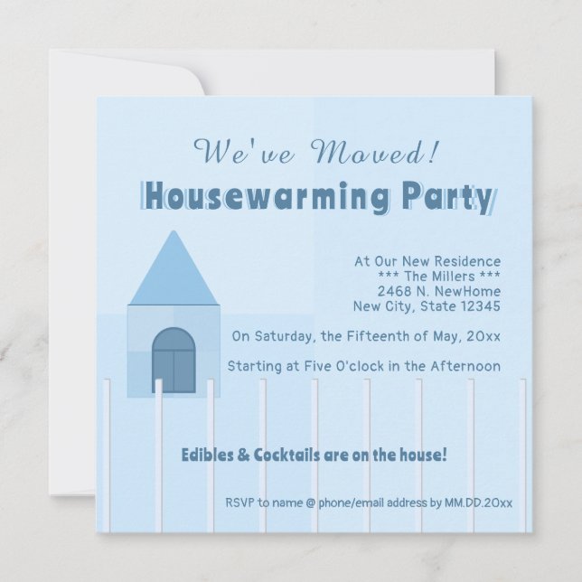 Custom White & Blue Fenced Home Housewarming Party Announcement (Front)