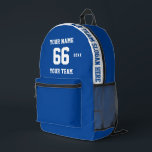 Custom white blue Name, Number, Team Sport Printed Backpack<br><div class="desc">Create your own custom white blue Sport Football Style Printed Backpack with Name, Number, Team Name, Slogan and Year. Personalize this simple classic Printed Backpack template with your custom message, name, team name and year. Easily personalize it for a cool sport keepsake. Create your unique personalized gift for coach, boy's...</div>