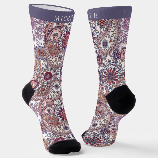 Custom White Blue PInk Purple Paisley Pattern Socks (Angled)