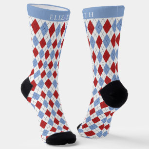 Custom WHite Blue Red Argyle Pattern Socks