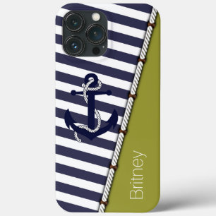 Custom White Blue Stripes Pattern Retro Anchor iPhone 13 Pro Max Case