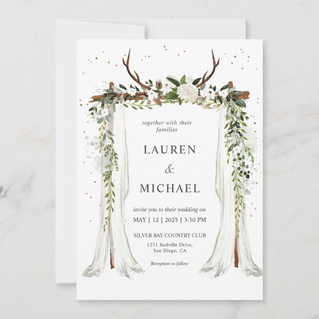 Custom White Boho Canopy Floral Antler Wedding Invitation (Front)